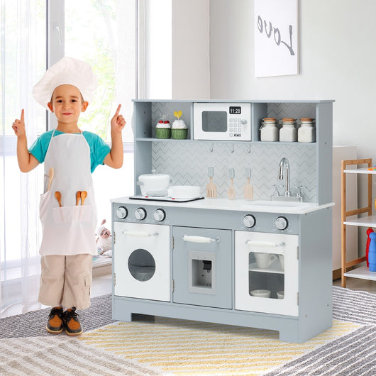 Cucina giocattolo in legno per bambini con utensili accessori lavandino telefono, Set di cucina finta Grigio-Cucine giocattoli