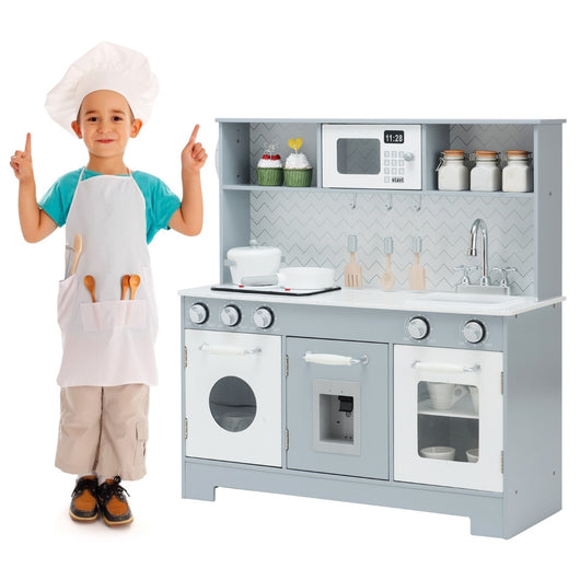 Cucina giocattolo in legno per bambini con utensili accessori lavandino telefono, Set di cucina finta Grigio-Cucine giocattoli