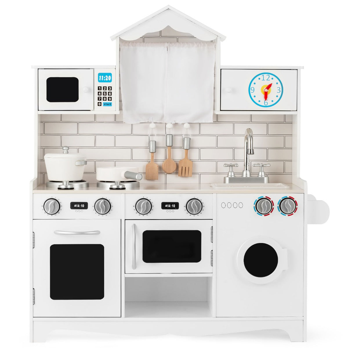 Cucina giocattolo per bambini in legno con lavatrice piano cottura, Set giochi cucina realistica Bianco-Cucine giocattoli
