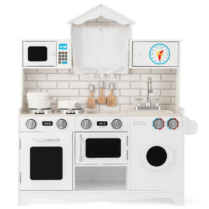 Cucina giocattolo per bambini in legno con lavatrice piano cottura, Set giochi cucina realistica Bianco-Cucine giocattoli