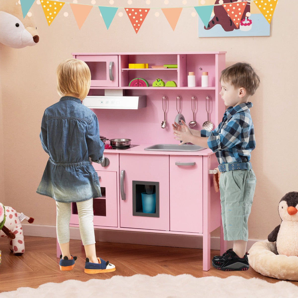 Cucina giocattolo per bambini in legno, Cucina da gioco con microonde cappa aspirante lavello giocattolo Rosa scuro-Cucine giocattoli