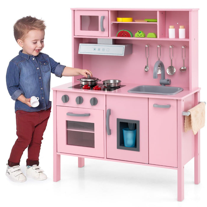 Cucina giocattolo per bambini in legno, Cucina da gioco con microonde cappa aspirante lavello giocattolo Rosa scuro-Cucine giocattoli