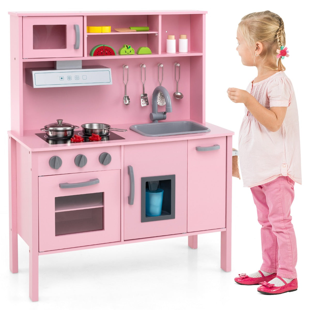 Cucina giocattolo per bambini in legno, Cucina da gioco con microonde cappa aspirante lavello giocattolo Rosa scuro-Cucine giocattoli