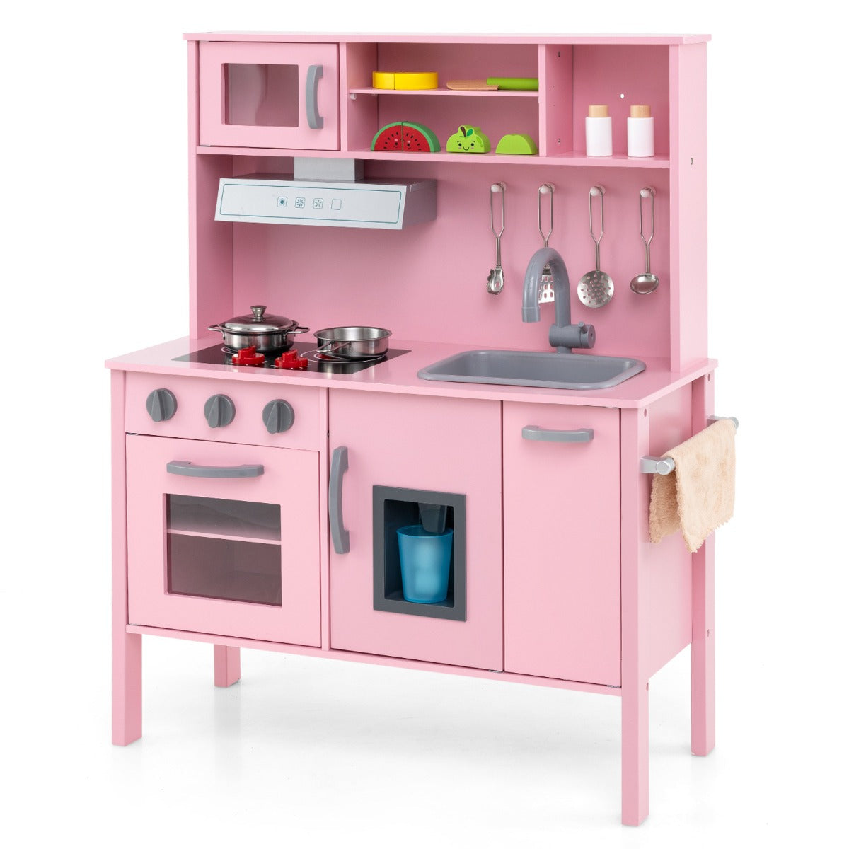 Cucina giocattolo per bambini in legno, Cucina da gioco con microonde cappa aspirante lavello giocattolo Rosa scuro-Cucine giocattoli
