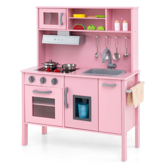 Cucina giocattolo per bambini in legno, Cucina da gioco con microonde cappa aspirante lavello giocattolo Rosa scuro-Cucine giocattoli
