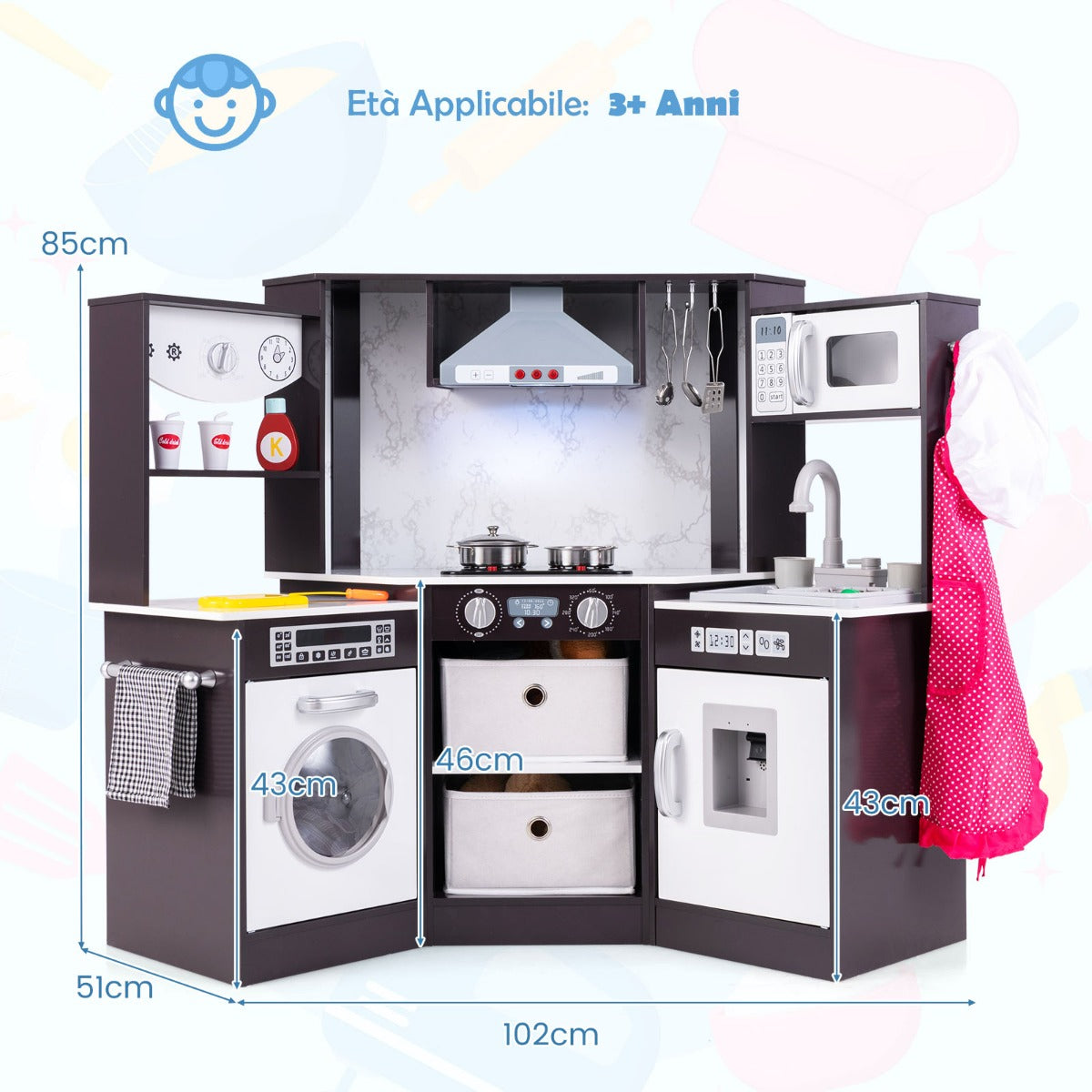 Cucina giocattolo per bambini in legno con luci e suoni realistici, Angolo cucina con cappa aspirante illuminata Caff¨¨-Cucine giocattoli