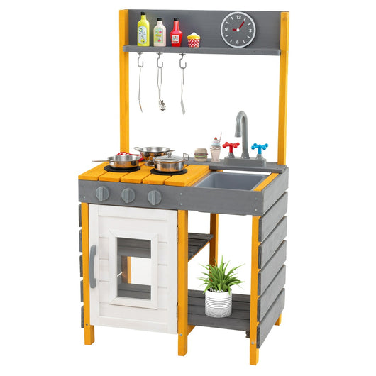 Cucina giocattolo per bambini con fornelli e ganci appesi e mensole portaoggetti, Giocattolo in legno per bambini 3+ Grigio-Cucine giocattoli