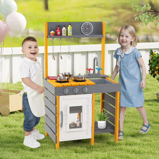 Cucina giocattolo per bambini con fornelli e ganci appesi e mensole portaoggetti, Giocattolo in legno per bambini 3+ Grigio-Cucine giocattoli