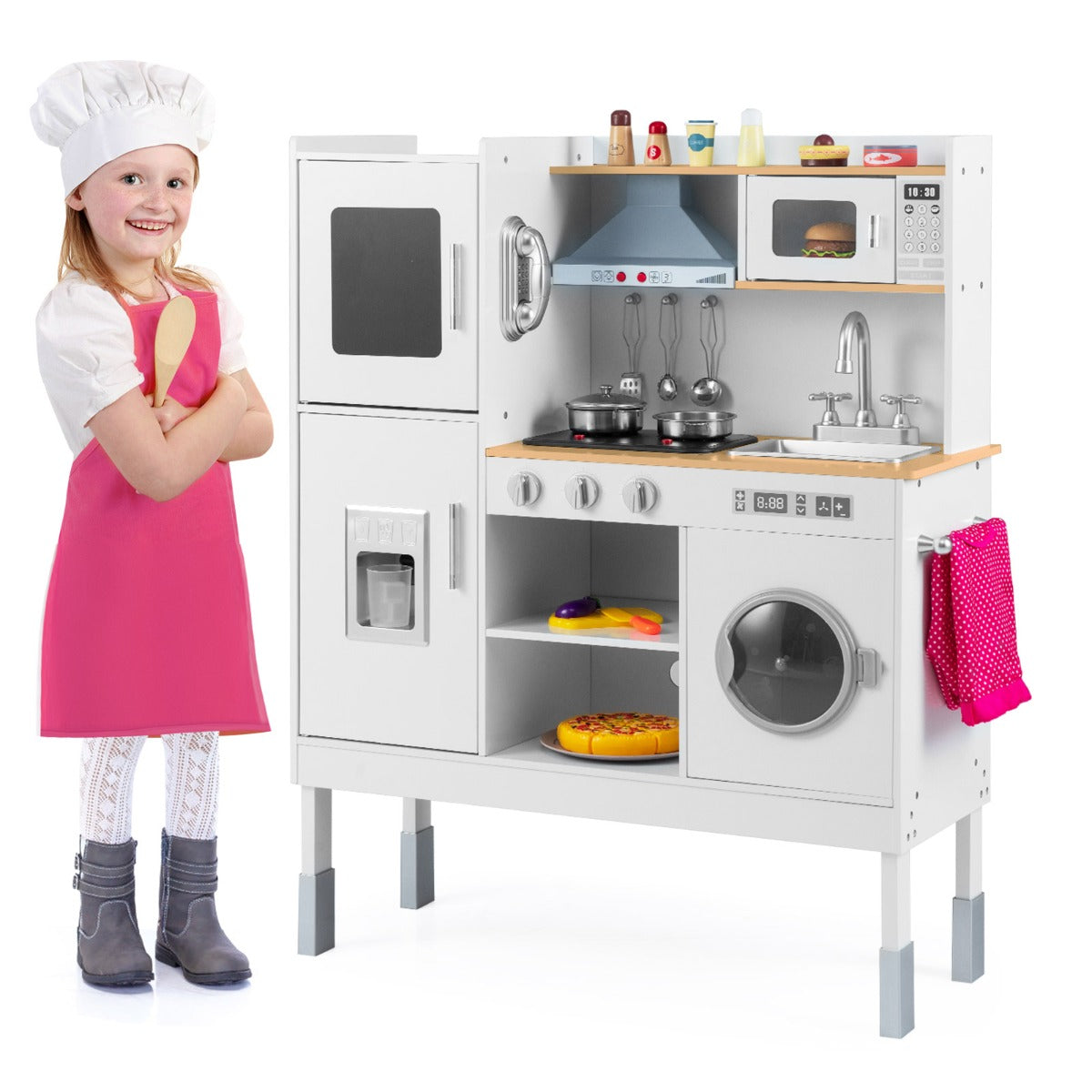 Cucinetta per bambini con cappa macchina del ghiaccio telefono, Cucina con luci e suoni realistici per bambini Legno naturale-Cucine giocattoli