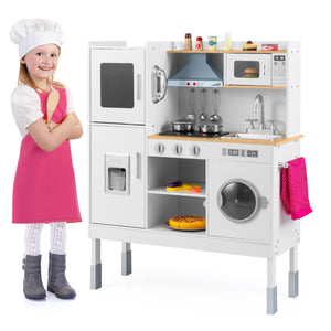 Cucinetta per bambini con cappa macchina del ghiaccio telefono, Cucina con luci e suoni realistici per bambini Legno naturale-Cucine giocattoli