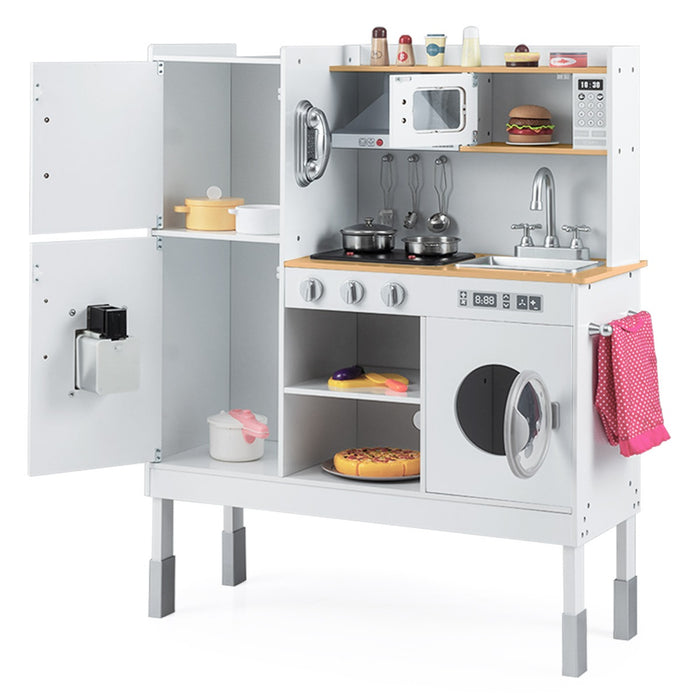 Cucinetta per bambini con cappa macchina del ghiaccio telefono, Cucina con luci e suoni realistici per bambini Legno naturale-Cucine giocattoli