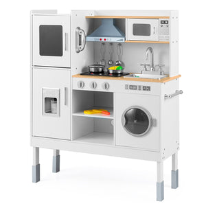 Cucinetta per bambini con cappa macchina del ghiaccio telefono, Cucina con luci e suoni realistici per bambini Legno naturale-Cucine giocattoli