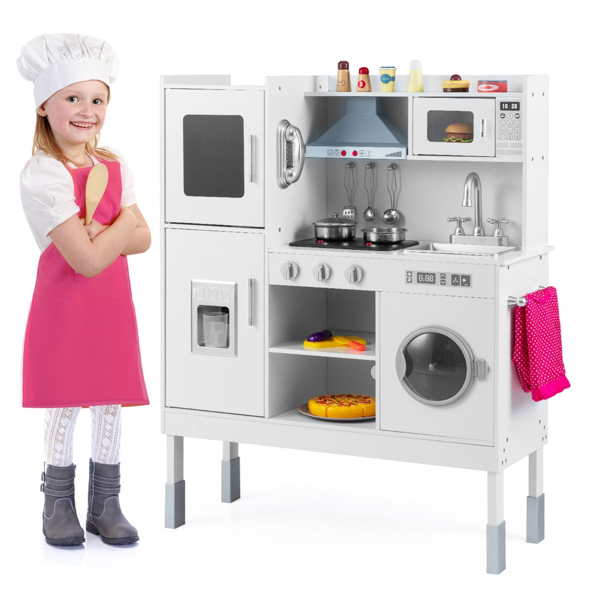 Cucinetta per bambini con cappa macchina del ghiaccio telefono, Cucina con luci e suoni realistici per bambini Bianco-Cucine giocattoli