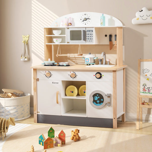 Cucina giocattolo per bambini con forno a microonde e lavatrice in legno, Set da cucina per giochi di finzione-Cucine giocattoli