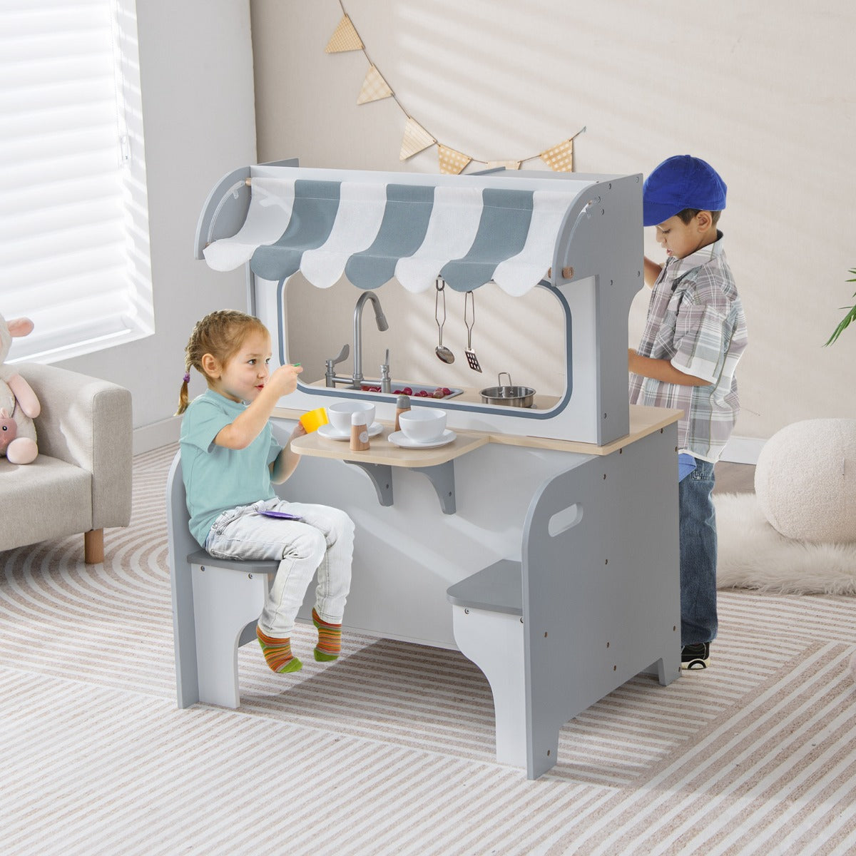 Cucina giocattolo per bambini con sala da t¨¨, Cucina finta giocattolo con suoni accessori per cucina Grigio-Cucine giocattoli