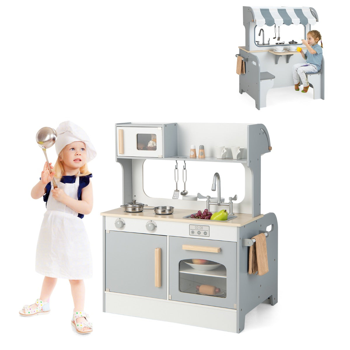 Cucina giocattolo per bambini con sala da t¨¨, Cucina finta giocattolo con suoni accessori per cucina Grigio-Cucine giocattoli