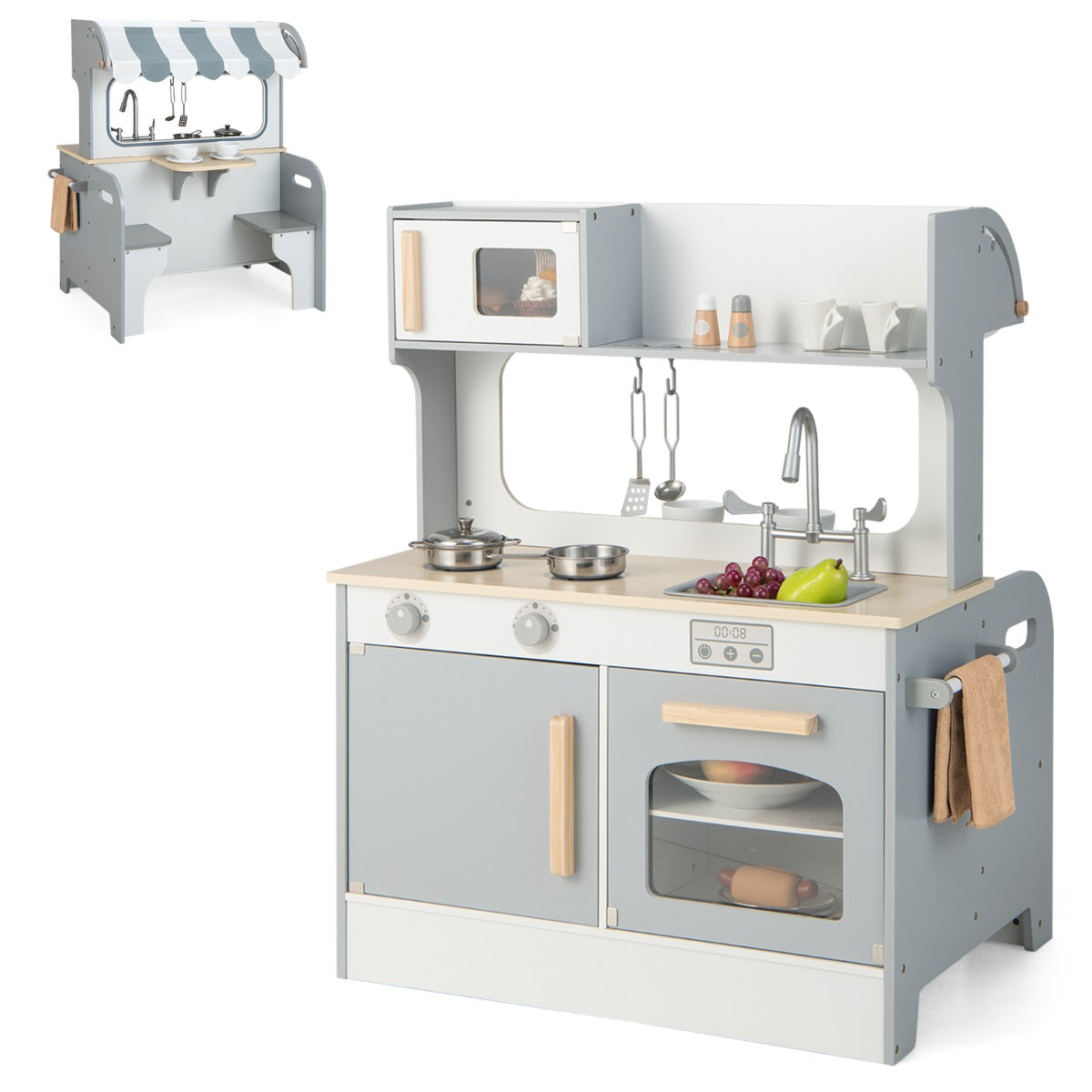 Cucina giocattolo per bambini con sala da t¨¨, Cucina finta giocattolo con suoni accessori per cucina Grigio-Cucine giocattoli