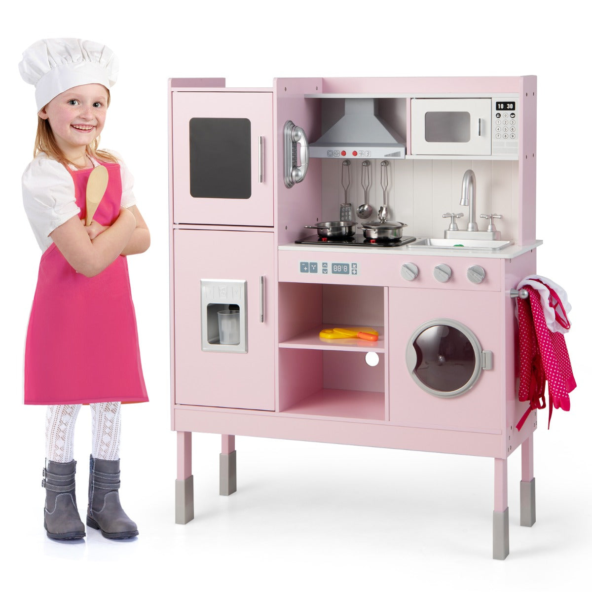 Cucina giocattolo per bambini con cappa macchina del ghiaccio telefono e 16 accessori, Gioco cucinetta Rosa-Cucine giocattoli