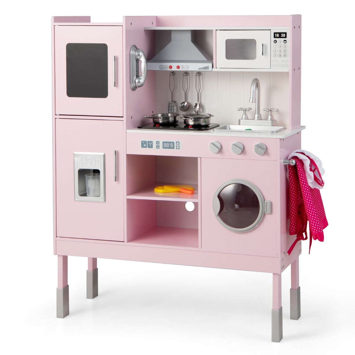 Cucina giocattolo per bambini con cappa macchina del ghiaccio telefono e 16 accessori, Gioco cucinetta Rosa-Cucine giocattoli