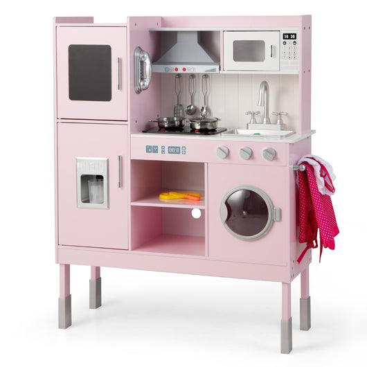 Cucina giocattolo per bambini con cappa macchina del ghiaccio telefono e 16 accessori, Gioco cucinetta Rosa-Cucine giocattoli
