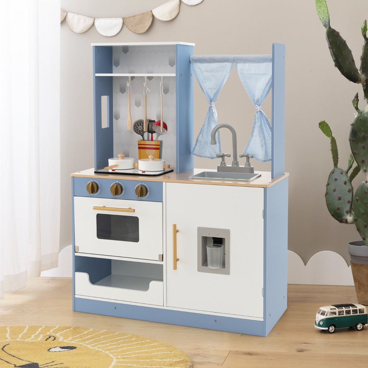 Cucina giocattolo per bambini con tende fornelli lavandino e distributore d'acqua, Set da cucina giocattolo Blu e bianco-Cucine giocattoli