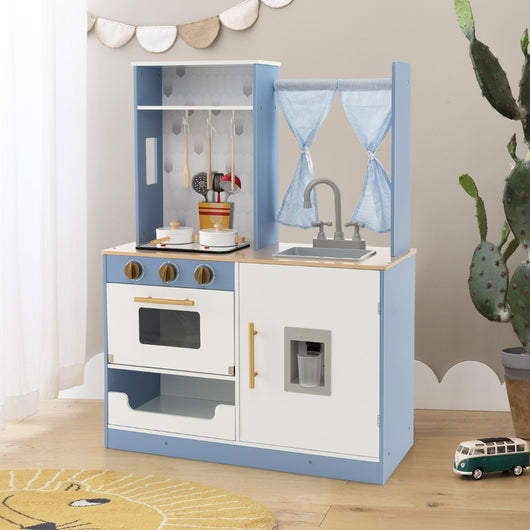 Cucina giocattolo per bambini con tende fornelli lavandino e distributore d'acqua, Set da cucina giocattolo Blu e bianco-Cucine giocattoli