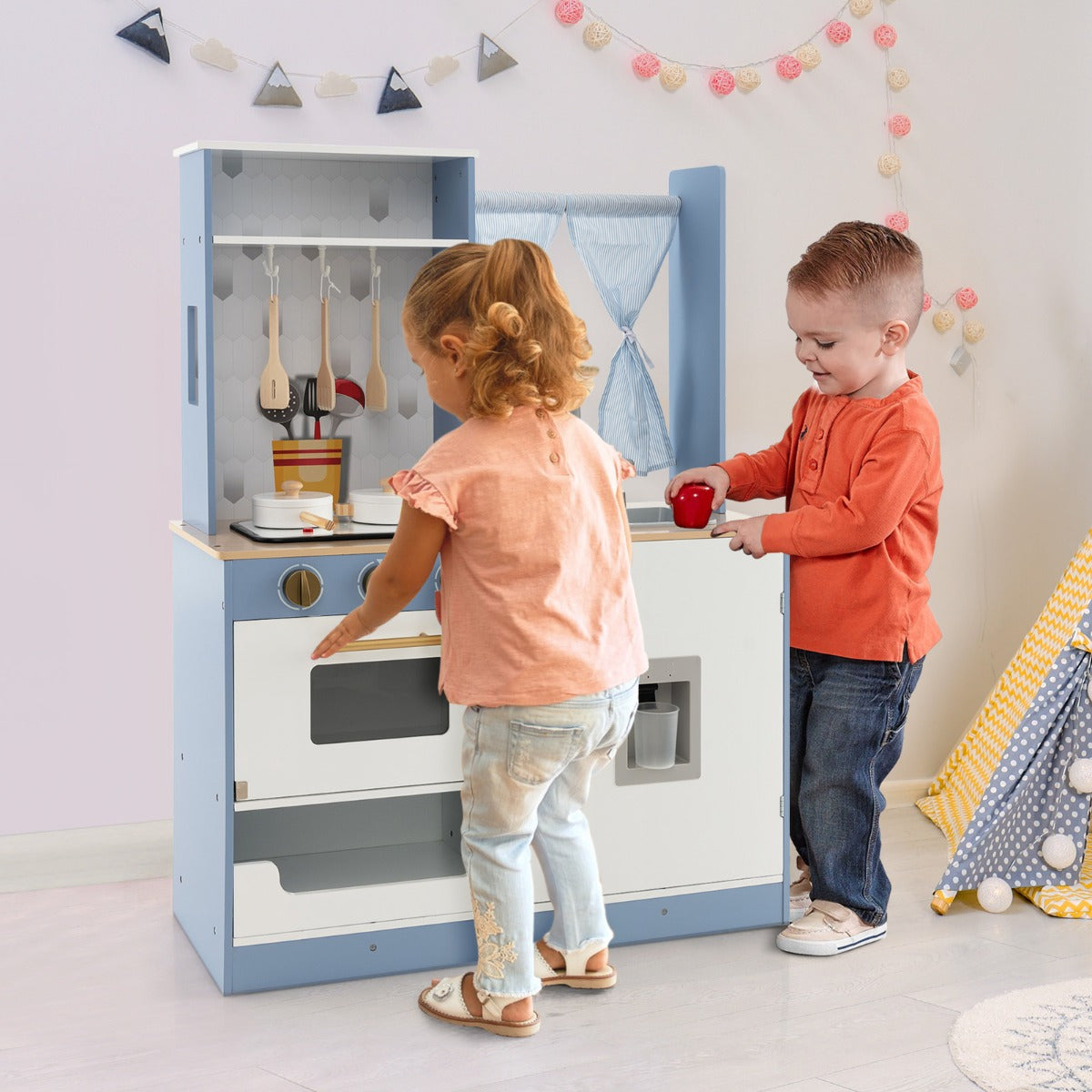 Cucina giocattolo per bambini con tende fornelli lavandino e distributore d'acqua, Set da cucina giocattolo Blu e bianco-Cucine giocattoli
