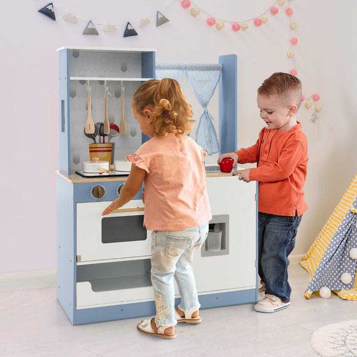 Cucina giocattolo per bambini con tende fornelli lavandino e distributore d'acqua, Set da cucina giocattolo Blu e bianco-Cucine giocattoli
