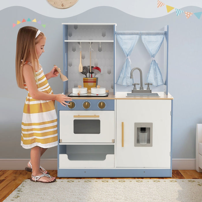 Cucina giocattolo per bambini con tende fornelli lavandino e distributore d'acqua, Set da cucina giocattolo Blu e bianco-Cucine giocattoli