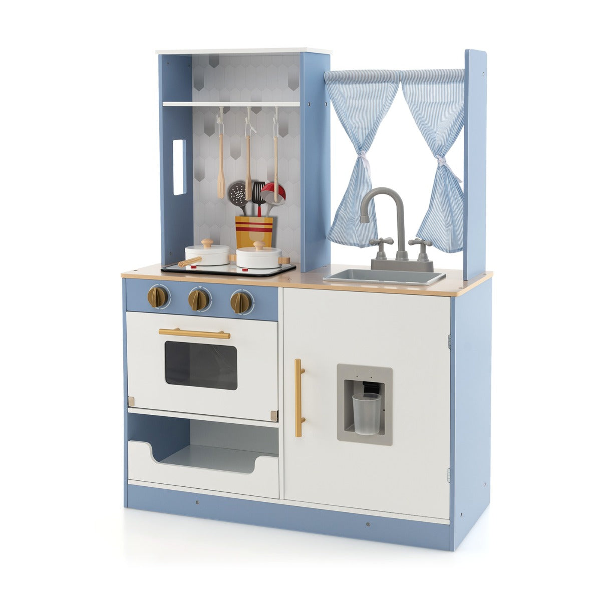 Cucina giocattolo per bambini con tende fornelli lavandino e distributore d'acqua, Set da cucina giocattolo Blu e bianco-Cucine giocattoli