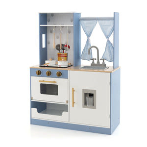 Cucina giocattolo per bambini con tende fornelli lavandino e distributore d'acqua, Set da cucina giocattolo Blu e bianco-Cucine giocattoli