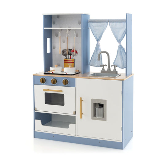 Cucina giocattolo per bambini con tende fornelli lavandino e distributore d'acqua, Set da cucina giocattolo Blu e bianco-Cucine giocattoli