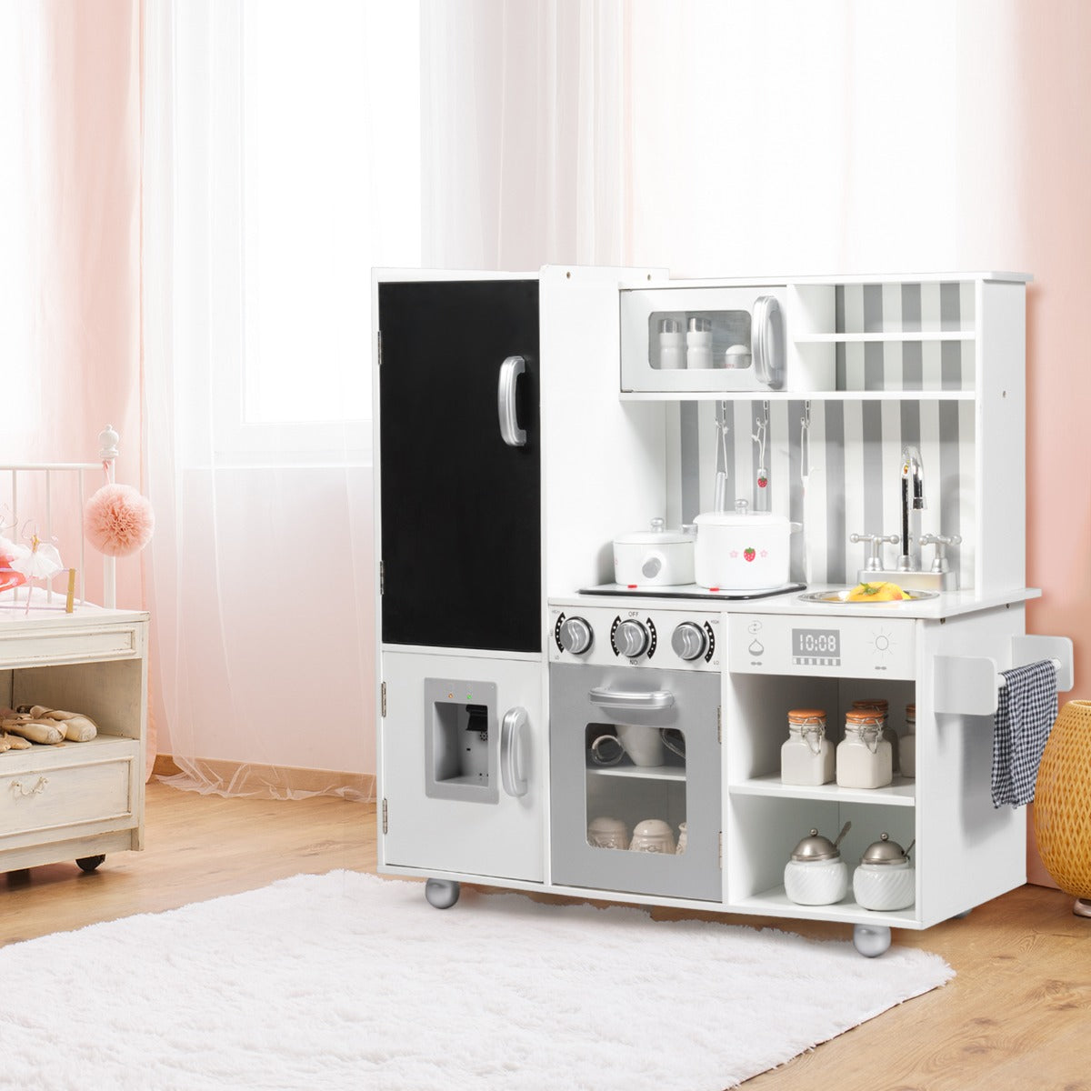 Cucina giocattolo per bambini con suoni lavagna lavello rimovibile, Cucinetta realistica educativo Bianco-Cucine giocattoli