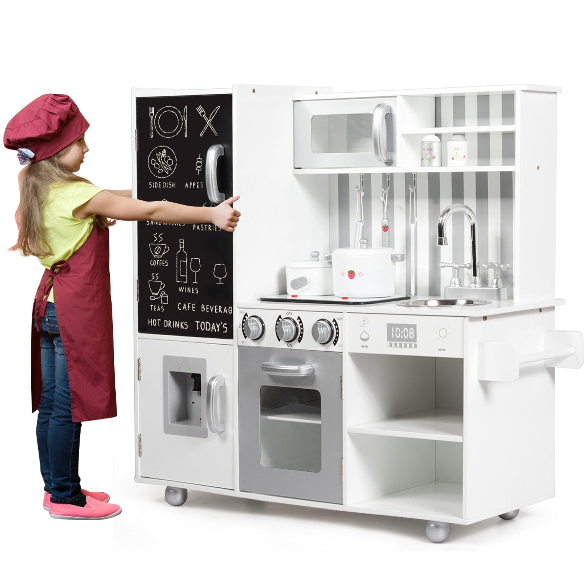 Cucina giocattolo per bambini con suoni lavagna lavello rimovibile, Cucinetta realistica educativo Bianco-Cucine giocattoli