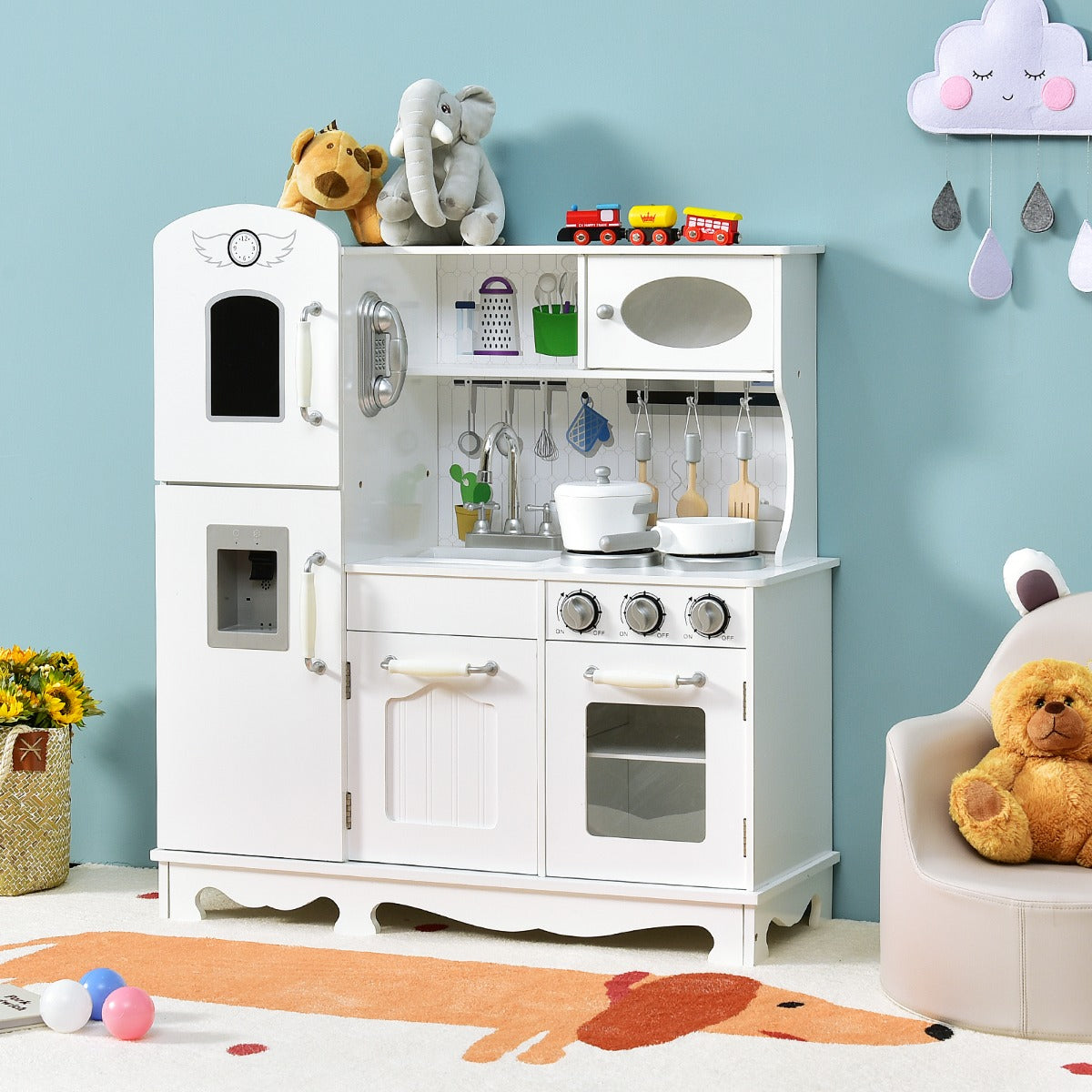 Cucina giocattolo per bambini in legno con accessori telefono lavello forno fornelli, Set giochi cucina Bianco-Cucine giocattoli