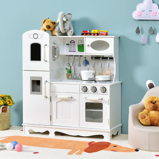 Cucina giocattolo per bambini in legno con accessori telefono lavello forno fornelli, Set giochi cucina Bianco-Cucine giocattoli