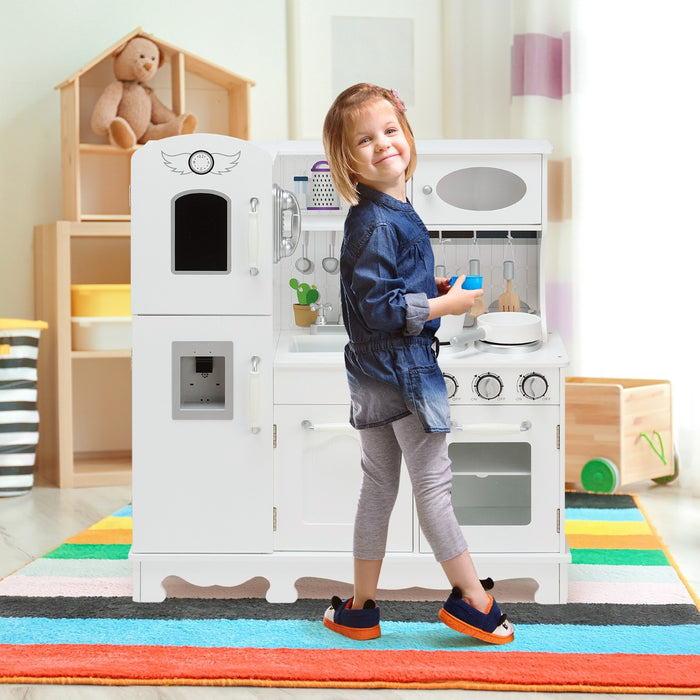 Cucina giocattolo per bambini in legno con accessori telefono lavello forno fornelli, Set giochi cucina Bianco-Cucine giocattoli