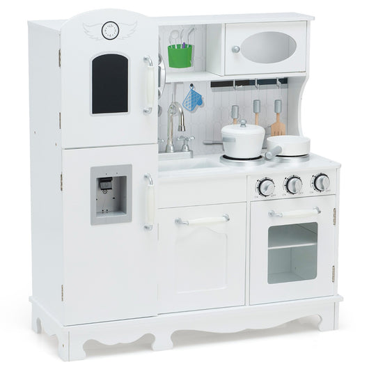 Cucina giocattolo per bambini in legno con accessori telefono lavello forno fornelli, Set giochi cucina Bianco-Cucine giocattoli