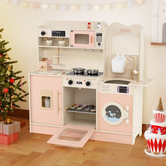 Cucina giocattolo per bambini di fantasia con fornelli forno a microonde, Cucina tostapane e distributore di ghiaccio Rosa-Cucine giocattoli