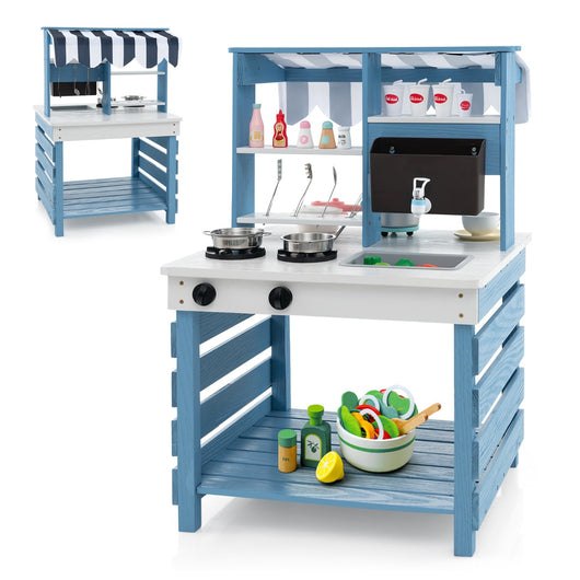 Cucina giochi in legno a doppia faccia con lavandino vaschetta per l'acqua, Set di cucina per bambini dai 3+ anni Blu-Cucine giocattoli