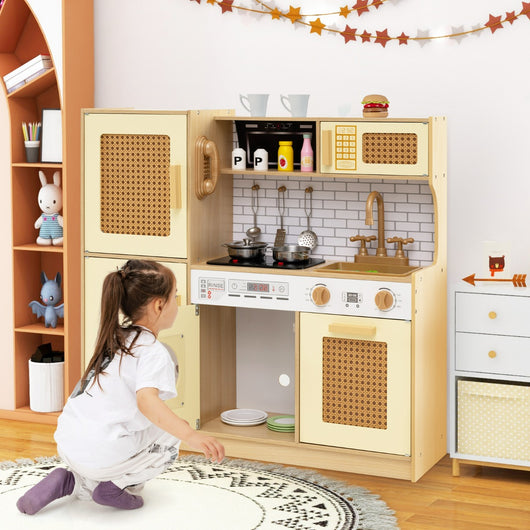 Set cucina giocattolo per bambini con accessori ricchi e ante in rattan, Cucina in legno ideale per bambini da 3+ anni Giallo-Cucine giocattoli