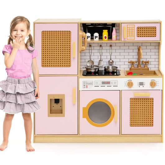 Set cucina giocattolo per bambini con accessori ricchi e ante in rattan, Cucina in legno ideale per bambini da 3+ anni Rosa-Cucine giocattoli