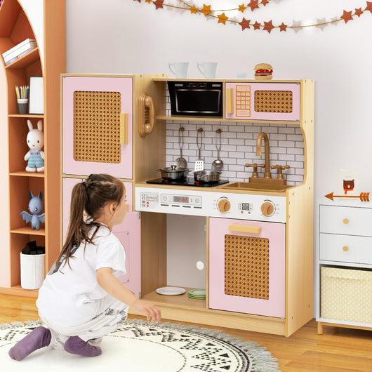 Set cucina giocattolo per bambini con accessori ricchi e ante in rattan, Cucina in legno ideale per bambini da 3+ anni Rosa-Cucine giocattoli
