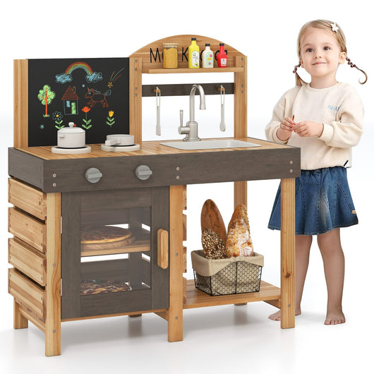 Cucina giocattolo in legno con lavagna e fornelli e mensole di stoccaggio, Cucina da esterno per il gioco di ruolo Naturale-Cucine giocattoli