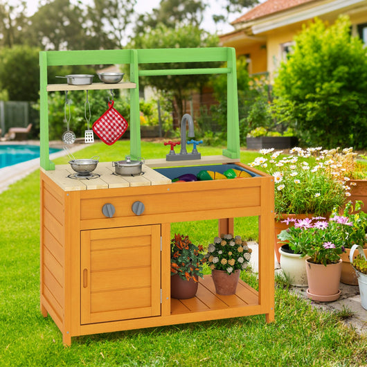 Cucina in legno per bambini con fornelli realistici, Giocattoli da esterno per bambini dai 3+ anni Giallo-Cucine giocattoli