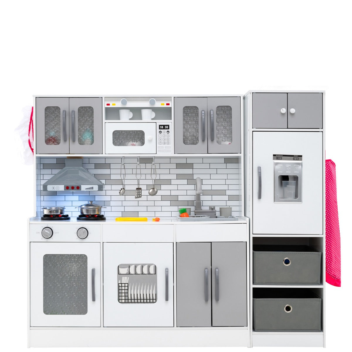 Cucina legno da gioco con spazio di stoccaggio e accessori, Cucina legno da gioco con luci e funzioni interattive Grigio-Cucine giocattoli