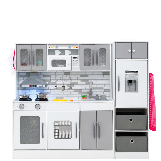 Cucina legno da gioco con spazio di stoccaggio e accessori, Cucina legno da gioco con luci e funzioni interattive Grigio-Cucine giocattoli