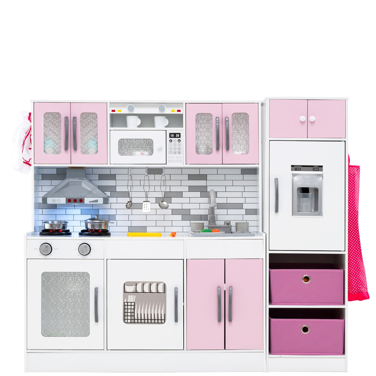 Cucina legno da gioco con spazio di stoccaggio e accessori, Cucina legno da gioco con luci e funzioni interattive Rosa-Cucine giocattoli