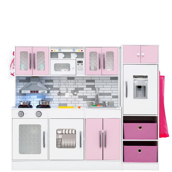 Cucina legno da gioco con spazio di stoccaggio e accessori, Cucina legno da gioco con luci e funzioni interattive Rosa-Cucine giocattoli