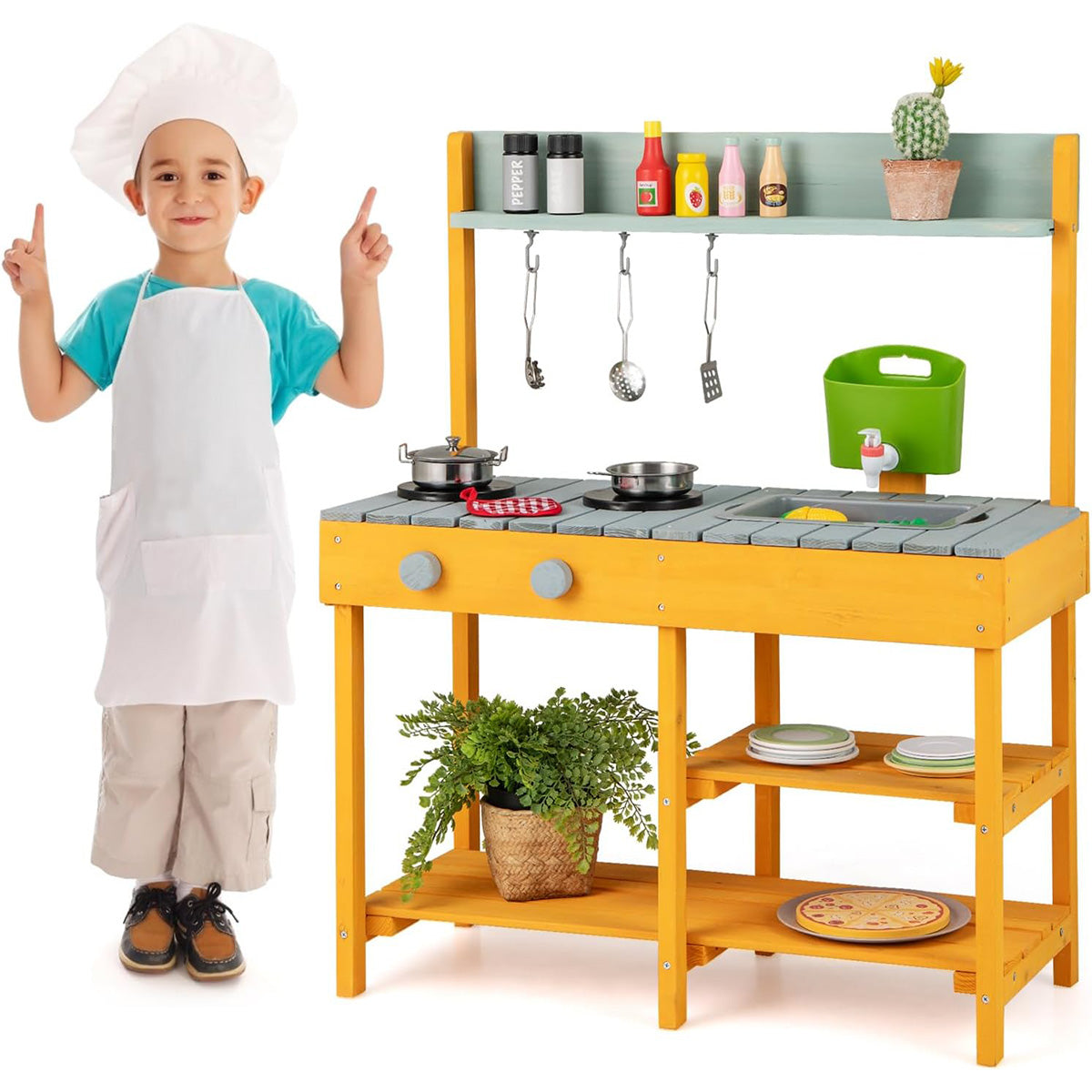Cucina per bambini da esterno con serbatoio d'acqua, Cucina giocattolo con rubinetto realistico e accessori per giardino-Cucine giocattoli